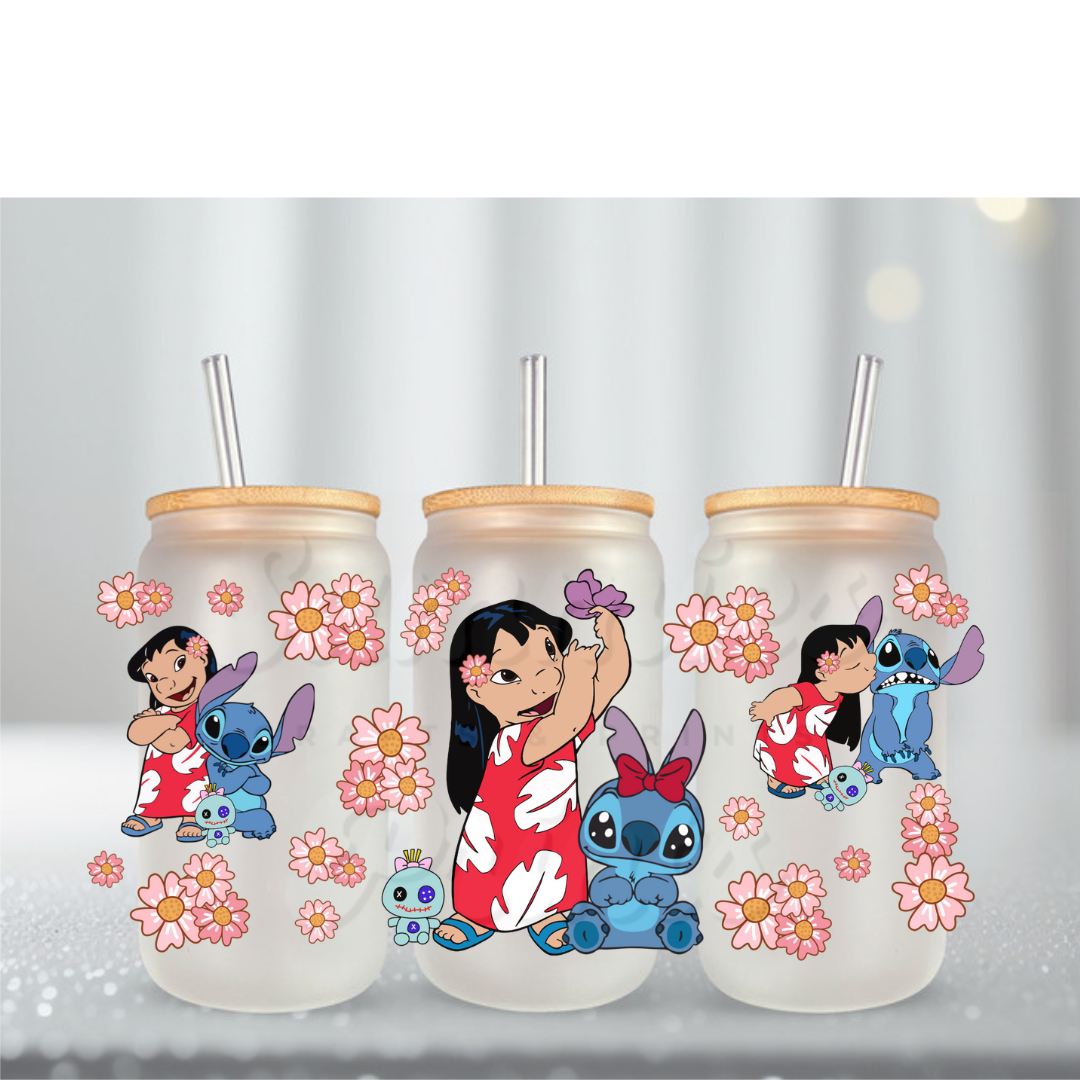 Blue Alien & Girl Pink Flowers UV DTF Cup Wrap