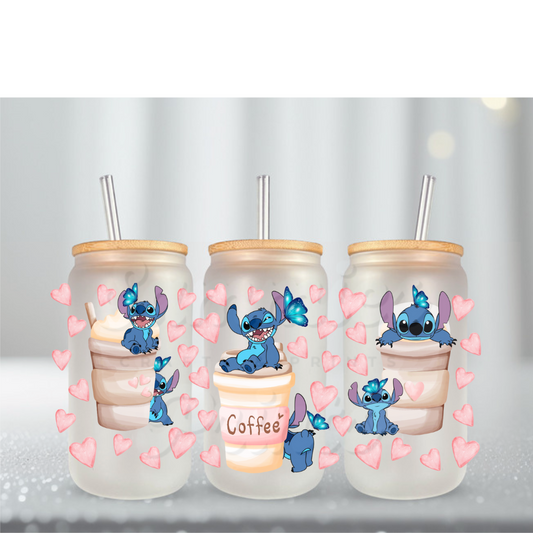 Blue Alien Pastel Hearts Coffee UV DTF CUp Wrap