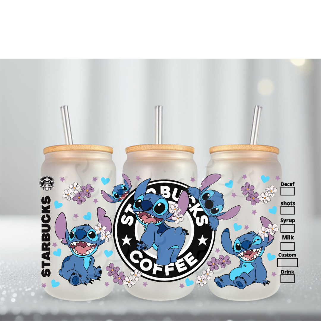 Blue Alien Purp Flowers Starbs UV DTF Cup Wrap