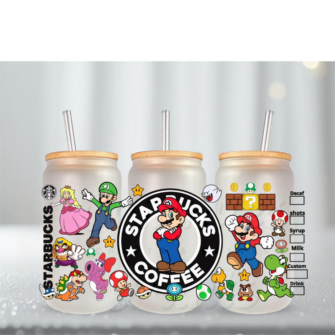 Mario W Crew Black Starbs UV DTF Cup Wrap