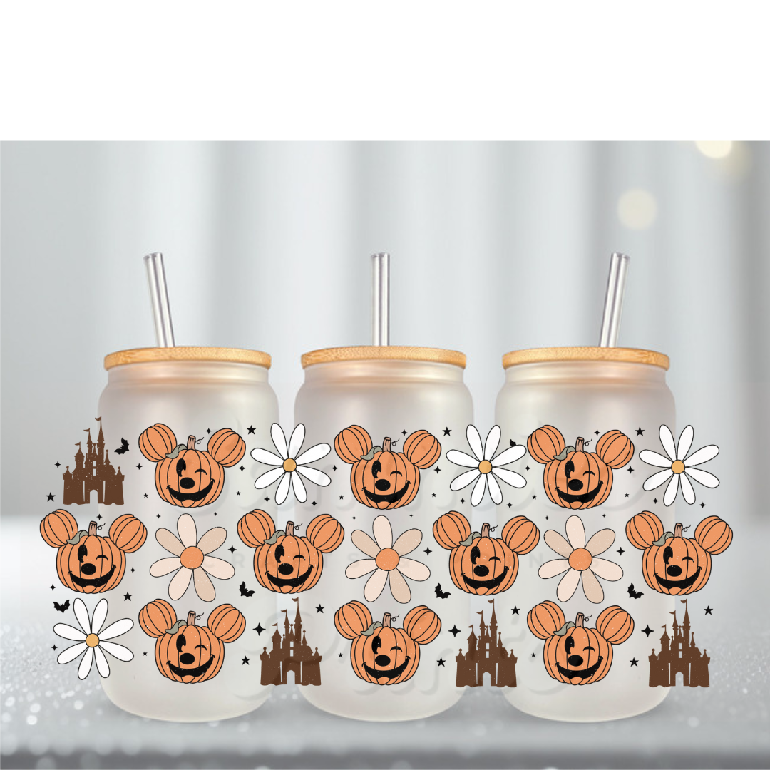 Mouse Pumpkin Heads w Castle UV DTF Cup Wrap