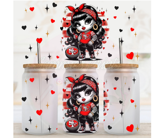 San Fran Chicano Girl Standing Blk & Red Hearts UV DTF Cup Wrap