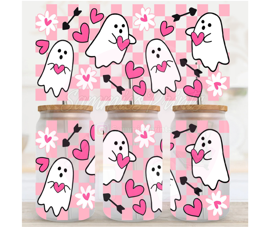 Ghost Pink Checkered Hearts UV DTF Cup Wrap