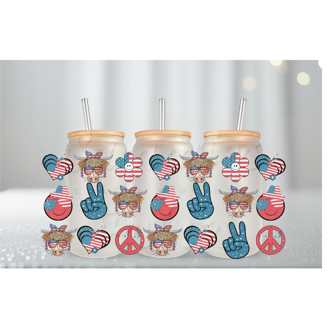 Patriotic Highland Cow UV DTF Cup Wrap