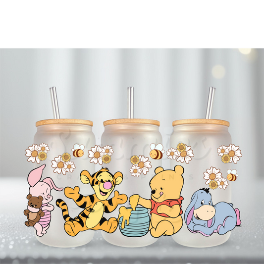 Yellow Bear w WHT Flowers UV DTF Cup Wrap